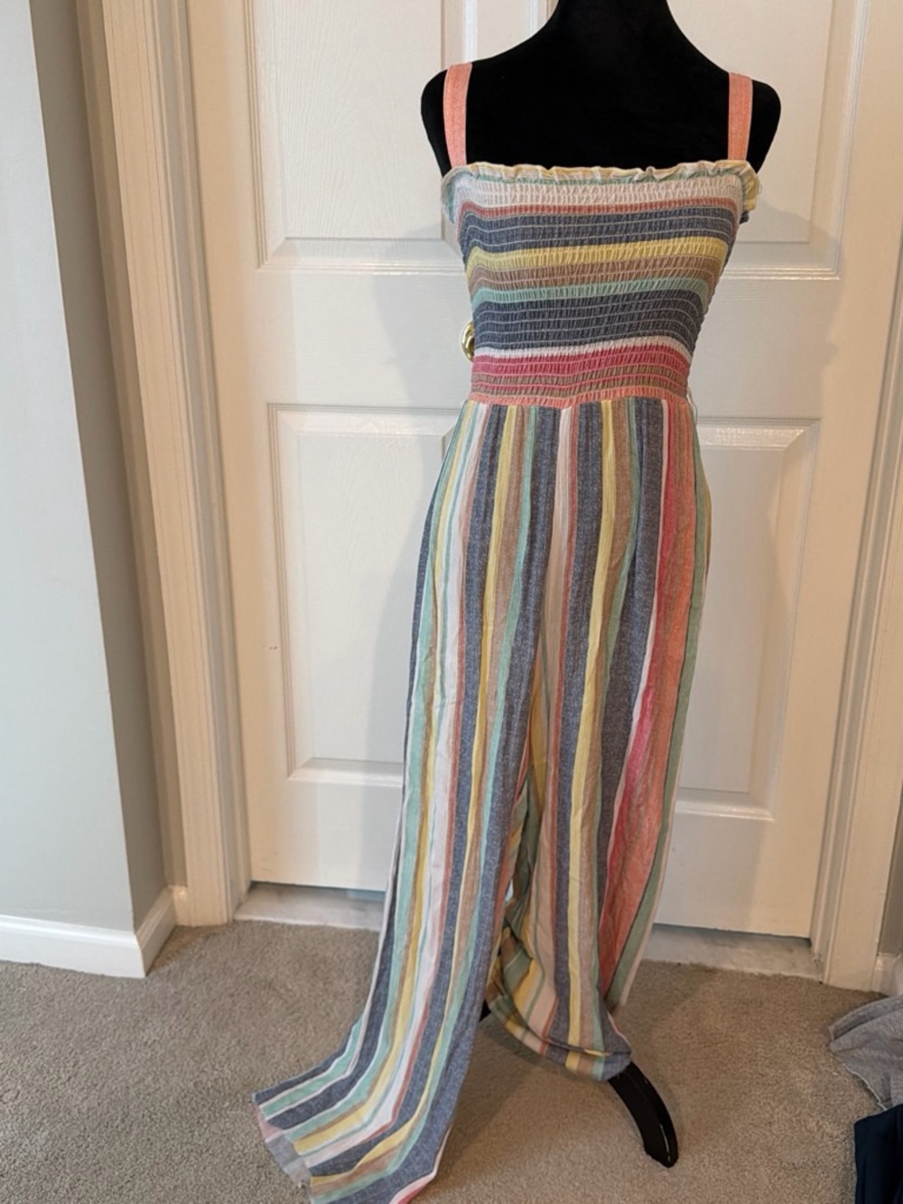 Notations Petite Multi-Stripe Smocked Wide-Leg Jumpsuit